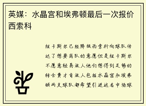 英媒：水晶宫和埃弗顿最后一次报价西索科