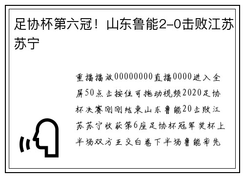 足协杯第六冠！山东鲁能2-0击败江苏苏宁