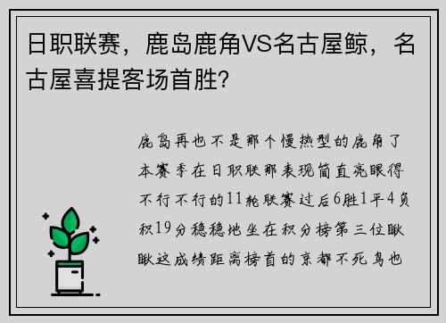 日职联赛，鹿岛鹿角VS名古屋鲸，名古屋喜提客场首胜？